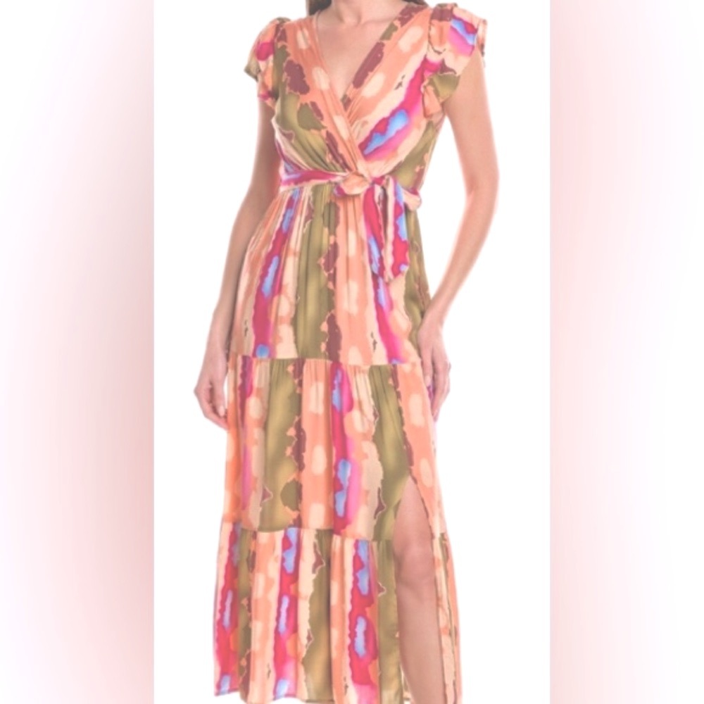 Anna Kay multi color abstract tie front/tiered maxi dress - Size M